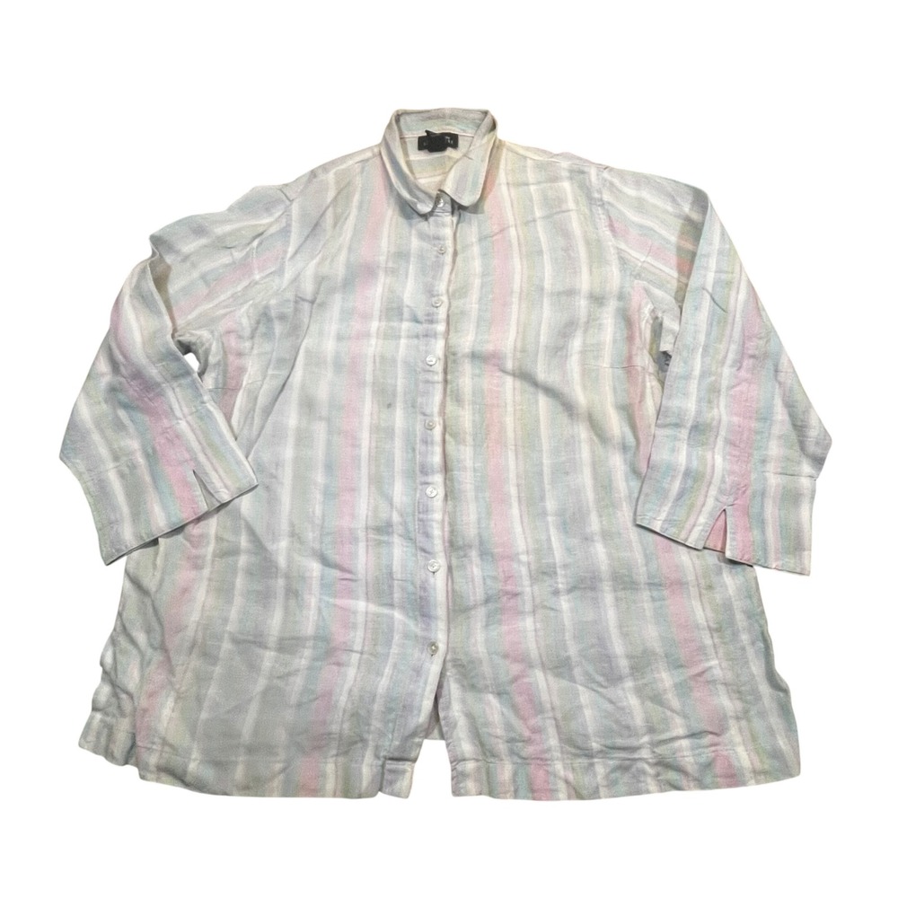 Jones New York Signature 100% Linen Striped Shirt Womens 1X Pastel 3/4 Sleeve